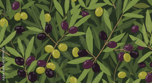 Olive branches and fruits create a repeating pattern on a dark green background.