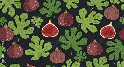 Seamless pattern of figs and fig leaves on a dark background, some figs are whole, others are halved.