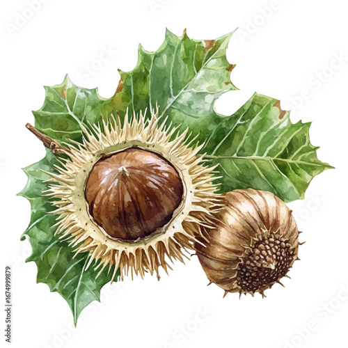watercolor of Chestnut Branch Closeup, vector, isolated on a white background.