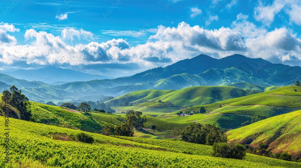 Fototapeta premium Green Lush Hills Valley Landscape With Cloudy Sky