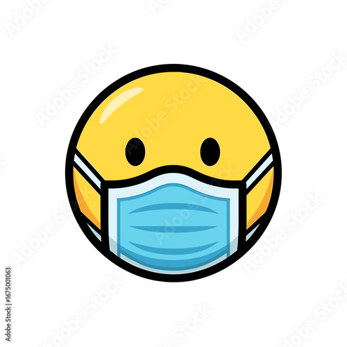 A cheerful cartoon emoticon wearing a protective face mask.