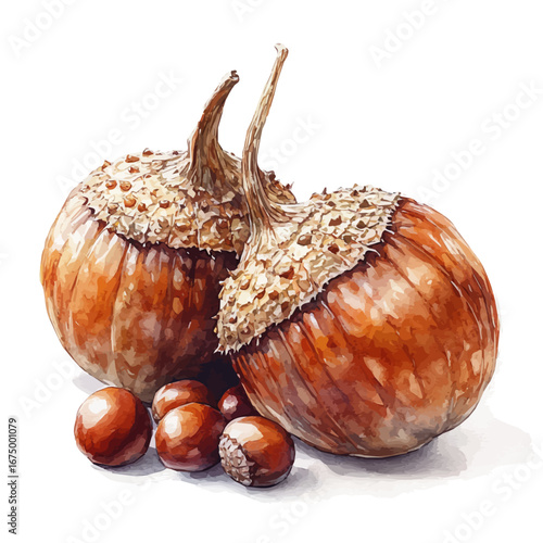 watercolor vector of Chestnuts And Acorns Closeup, isolated on a white background.