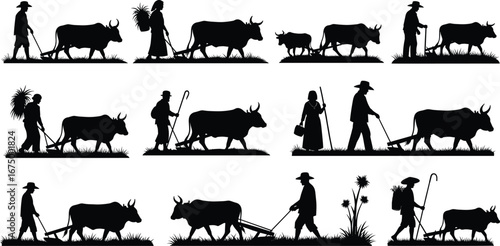 Silhouettes of traditional farmers and women carrying crops working with oxen plowing fields, rural agriculture, farming life, livestock, countryside farming, agricultural tools