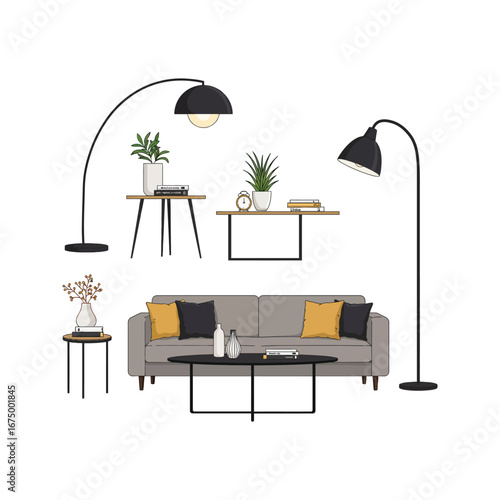 Elegant interior design of a living room with stylish furniture, including a sofa, coffee table, and armchairs, set against a backdrop of warm decor