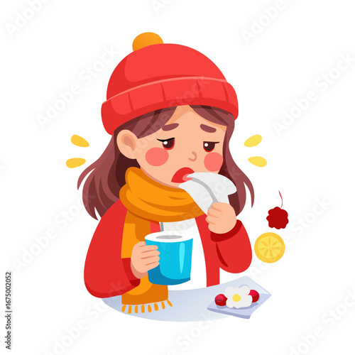 Young girl in red hat and scarf caught cold flu or virus. She has red nose, high temperature and holds napkin. Ways to treat illness. Pills, honey, tea, medicine. Vector isolated objects on ... See Mo