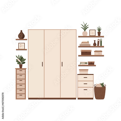 Vector illustration of an old wooden house with a vintage commode and other furniture inside