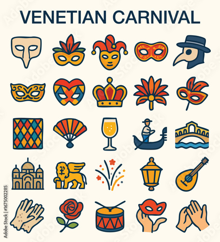 Cultural icons associated with venice, italy gondolas, masks. Captures essence of venetian culture. Ideal for travel brochures, websites.