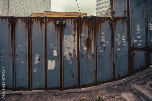 A Sense of Decay: A Rusty Barrier in Front of Modern Buildings