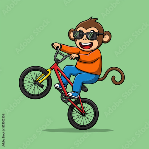Energetic cartoon monkey pops a wheelie on a red bike, dressed in an orange shirt, blue pants, and white sneakers, with black sunglasses and a cheerful grin against a light green backdrop.