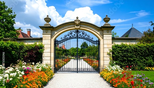 Ornate gate in a landscaped garden under a sunny sky