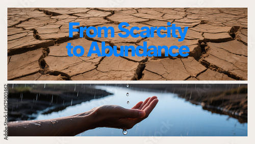 The cracked land and the hand that receives water represent the transition from scarcity to abundance, and are used in promotional scenes for resource development and poverty alleviation themes.
