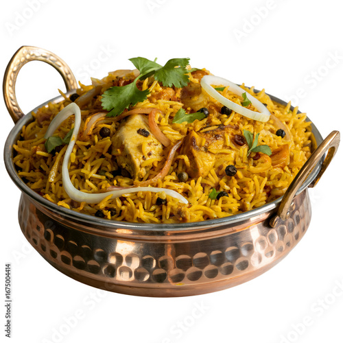 Delicious chicken biryani served in a traditional copper bowl isolated on transparent background