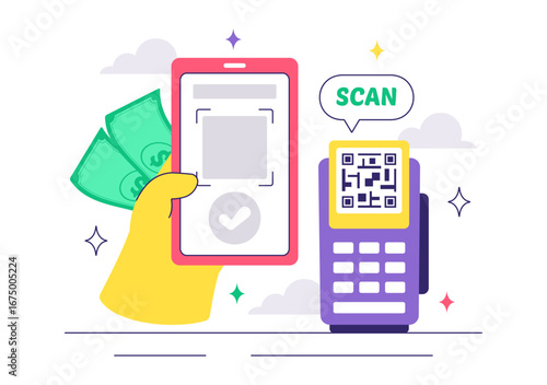 Mobile Payment Vector Illustration featuring Smartphone QR Code Scanning and Smart Wallet Transactions via Credit and Debit Card Applications