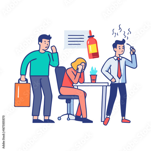 Emotional burnout office workers with their boss stands with a fire extinguisher near them and think how to prevent emotional burnout.Tired office workers with low battery,emotional burnout concept. S