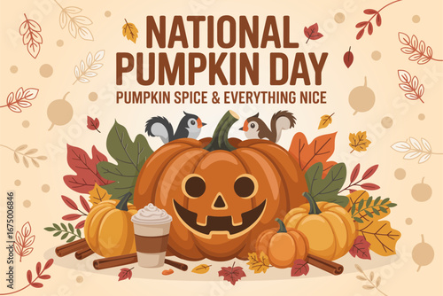 National pumpkin day celebration spread with pies muffins pumpkins and leaves, cozy bakery scene, festive fall food poster vector