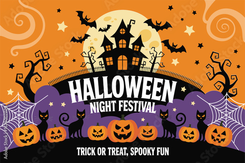 Halloween night festival banner with castle silhouettes and full moon, pumpkins and black cats, spooky party poster, vector illustration