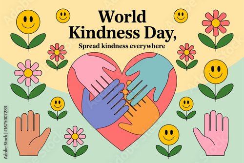 World Kindness Day poster, diverse hands around heart, flowers and smiles, compassion awareness design
