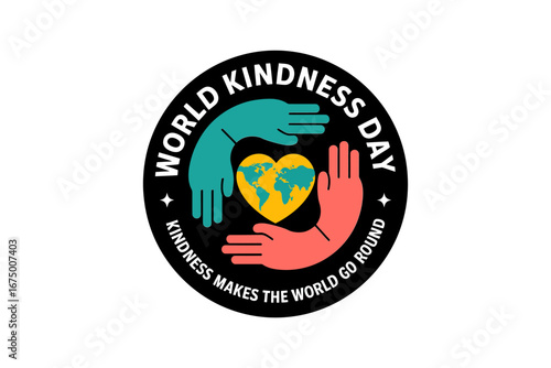 Kindness day globe with heart hands badge, diversity and support illustration, charity awareness vector