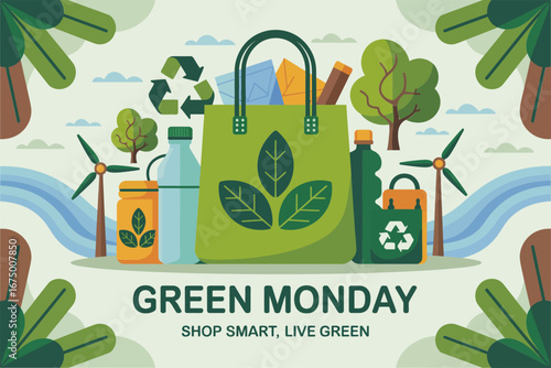 Green Monday eco shopping banner, reusable bag with leaves, shop smart live green message, nature background, sustainable sale promotion, vector