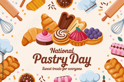 National pastry day greeting, pastel pastry pattern, donuts croissants cookies, sweet bakery poster, celebration card template, vector illustration
