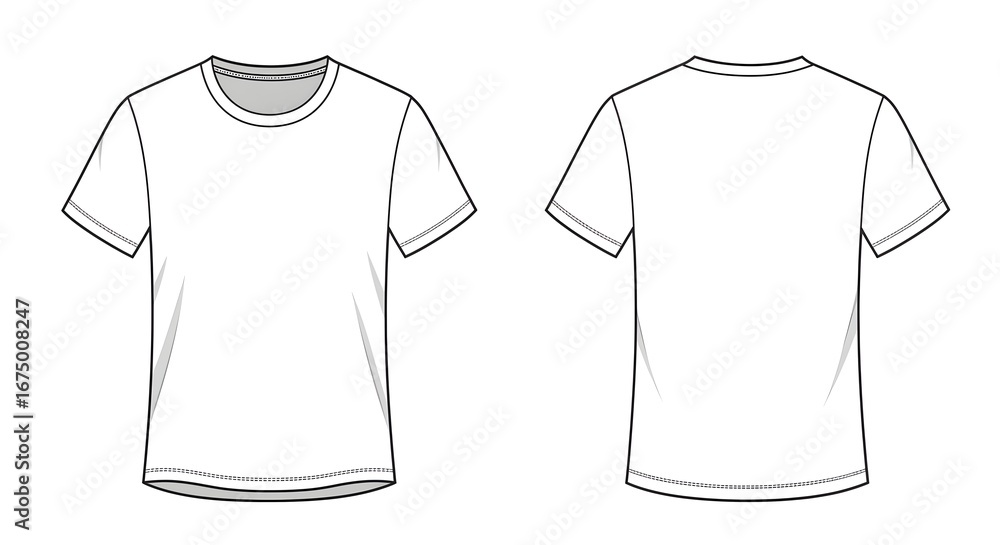 Fototapeta premium Technical drawing of a plain white t-shirt, front and back views, showing design details. Blank T Shirt color white template front and back view on white background. t-shirt