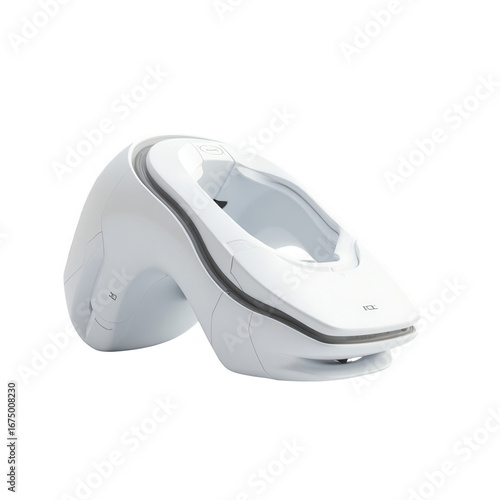 A modern, white, futuristic device, angled for a three-quarter view, highlighting its smooth, sculpted form.