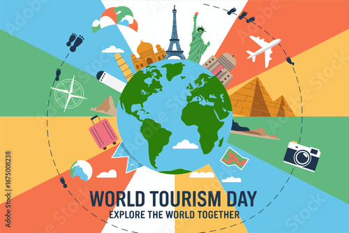 World tourism day vibrant illustration, earth with landmarks planes and luggage, explore the world together concept, adventure travel vector