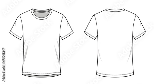 Technical drawing of a plain white t-shirt, front and back views, showing design details. Blank T Shirt color white template front and back view on white background. t-shirt