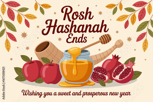 Rosh Hashanah ends seasonal banner with honey apples shofar, sweet and prosperous new year message, vector poster, celebration invitation graphic
