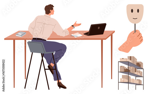 Man sitting at desk gesturing near laptop, hand holding smiling mask, storage shelves in background. Ideal for authenticity, deception, workplace emotions, communication, privacy, duality simple
