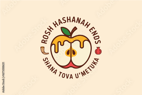 Rosh Hashanah ends emblem with honey apple shape, shana tova u metuka wording, vector label, sticker, greeting badge, holiday design