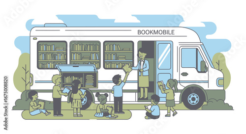 Illustrated Bookmobile Scene with Children and Librarian, Promoting Mobile Library Services and Community Engagement in Educational Outreach Programs