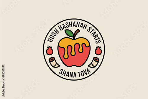 Rosh Hashanah starts circle logo featuring honey apple symbol with shofar and pomegranates modern festival stamp vector design