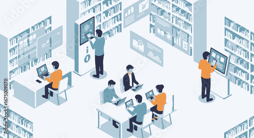Modern Library Interior Isometric Design Concept for Educational Resources and Digital Technology Integration in Learning Spaces