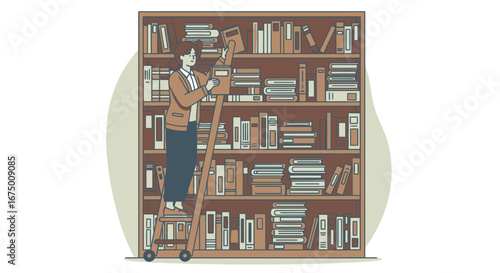 Librarian on Ladder Arranging Books on Bookshelf Illustration for Education, Library Services, and Literary Content Creation for Educational Materials