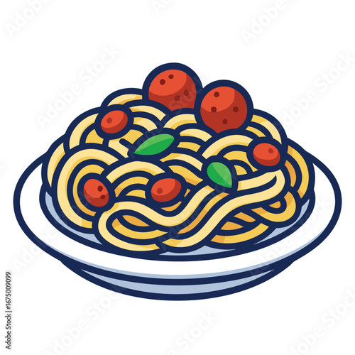 Spaghetti Pasta with Meatballs and Tomato Sauce cartoon style Vector Illustration