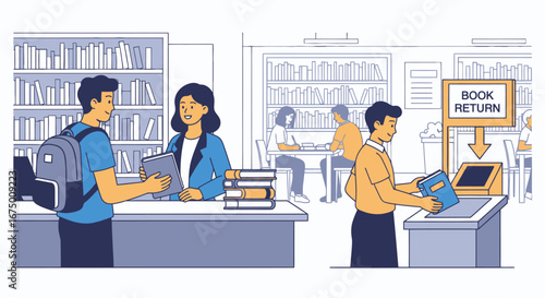 Depiction of a public library scene featuring patrons returning and borrowing books, perfect for illustrating educational resources or community engagement initiatives.