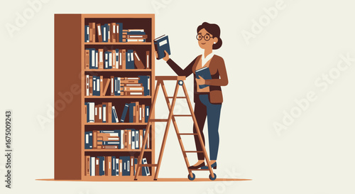 Cartoon Illustration of Librarian Arranging Books on Shelves, Suitable for Educational Materials, Library Promotion, and Reading Campaign Visuals.