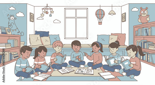 Children's Story Time Illustration Featuring Diverse Kids Reading Books in a Cozy Library Setting. Ideal for educational resources, children's book illustration, and library promotion.