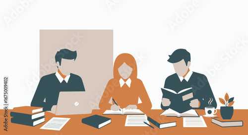 Diverse Team Collaboration Illustration Depicting Shared Workspace and Teamwork. Perfect for illustrating office collaboration, team meetings, and collaborative projects.