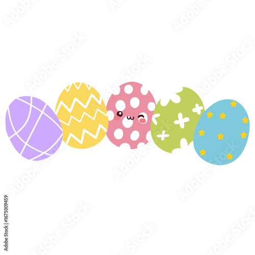 Five colorful Easter eggs in a row, pastel tones