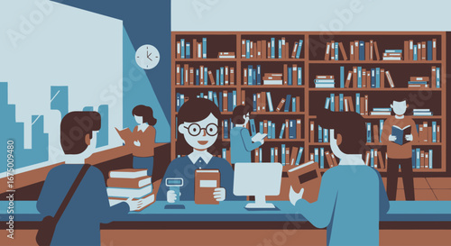 Vibrant Library Scene Depicting Readers and Staff Amidst Bookshelves, Ideal for Educational Materials, Library Promotions, and Academic Illustrations