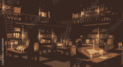 Atmospheric Study Room with Antique Tables, Bookcases, and Dim Lighting for Academic Research, Historical Novel Inspiration, or Nostalgic Interior Design