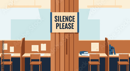 Serene Library Study Area with "Silence Please" Sign Encouraging Focused Learning and Quiet Research, Ideal for Promoting Educational Resources and Study Spaces.