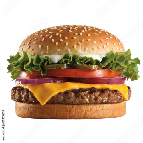 Juicy cheeseburger with lettuce, tomato, onion, and pickles, isolated on transparent background