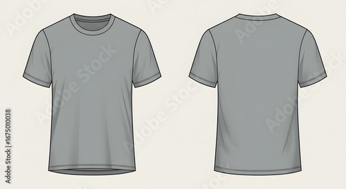Front and back view illustration of a plain, gray t-shirt design. Blank T Shirt color gray template front and back view on white background. t-shirt