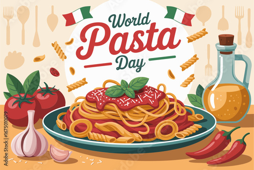 World pasta day celebration plate with spaghetti tomatoes garlic basil and olive oil, rustic kitchen scene, food poster vector illustration