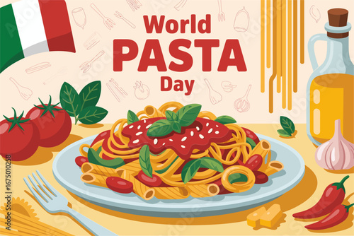 World pasta day banner with fork twirling spaghetti on plate, Italian color accents, festive restaurant promotion, vector design template