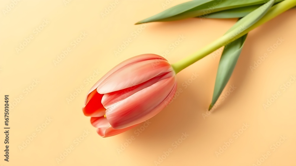Obraz premium Single tulip flower viewed from above on a beige background with soft lighting.