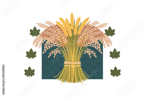 Labour Thanksgiving Day agricultural emblem tied wheat bundle with sickle and ribbon gratitude harvest celebration label vintage vector illustration
